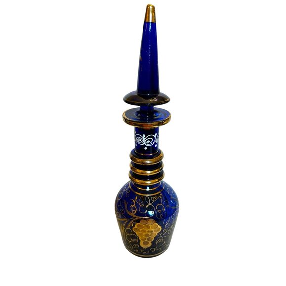 Vintage Bohemian Persian Hand-Painted Cobalt Blue & Gold Glass Decanter - Picture 7 of 13